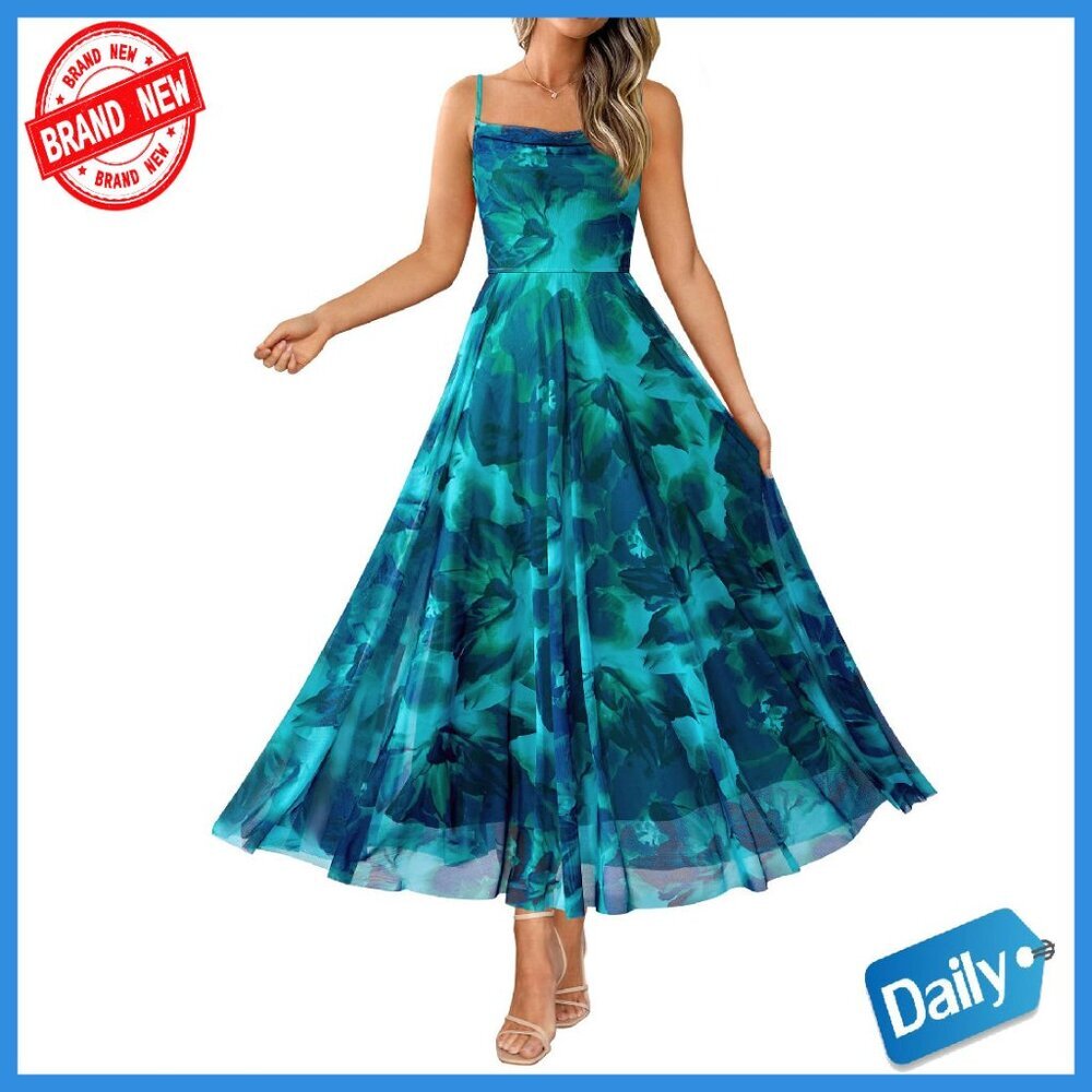 Spaghetti Strap Maxi Dress Lightweight Mesh Floral Print Party Beach